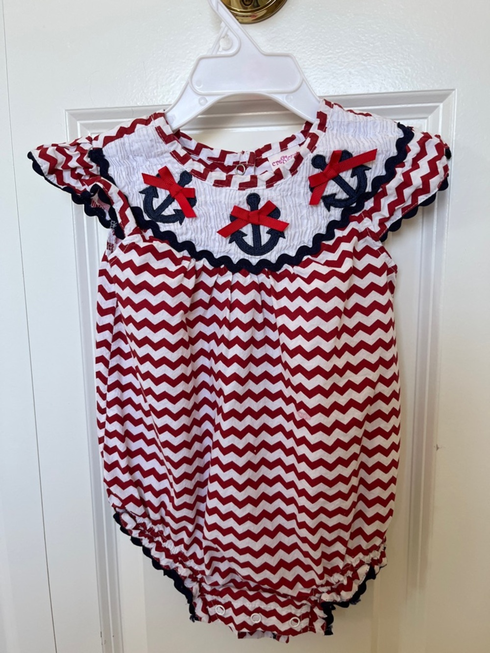 Red Chevron Nautical Baby Romper with Anchor Appliqués